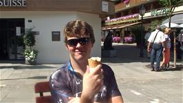 Ash enjoys his ice cream at the Early Beck Patisserie on Gstaad Promenade